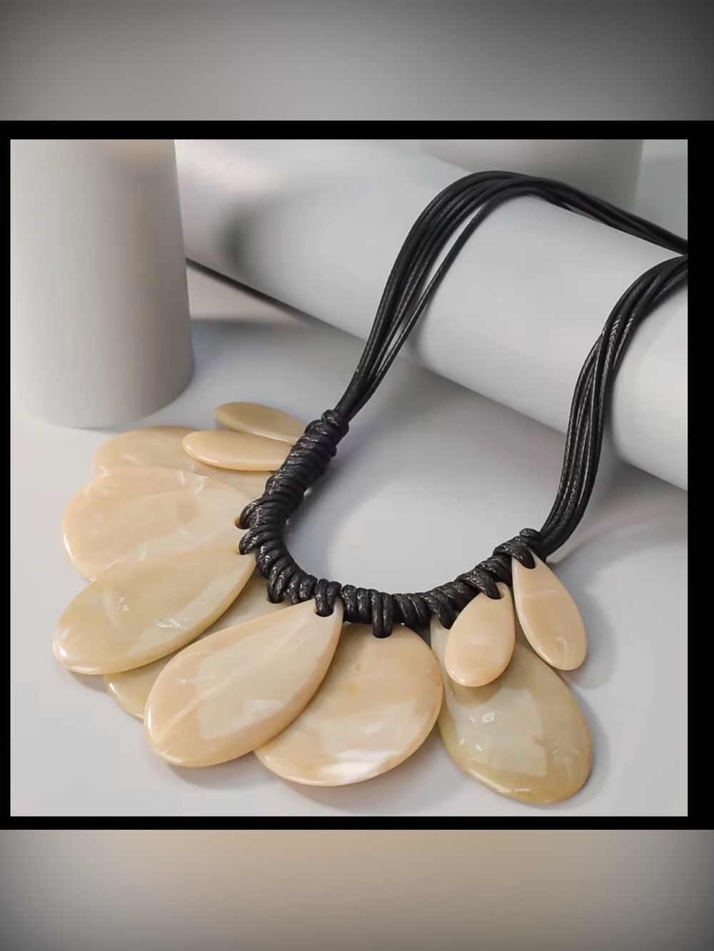 Women Jewelry Black Cord Beige Shell Teardrop Statement Necklace